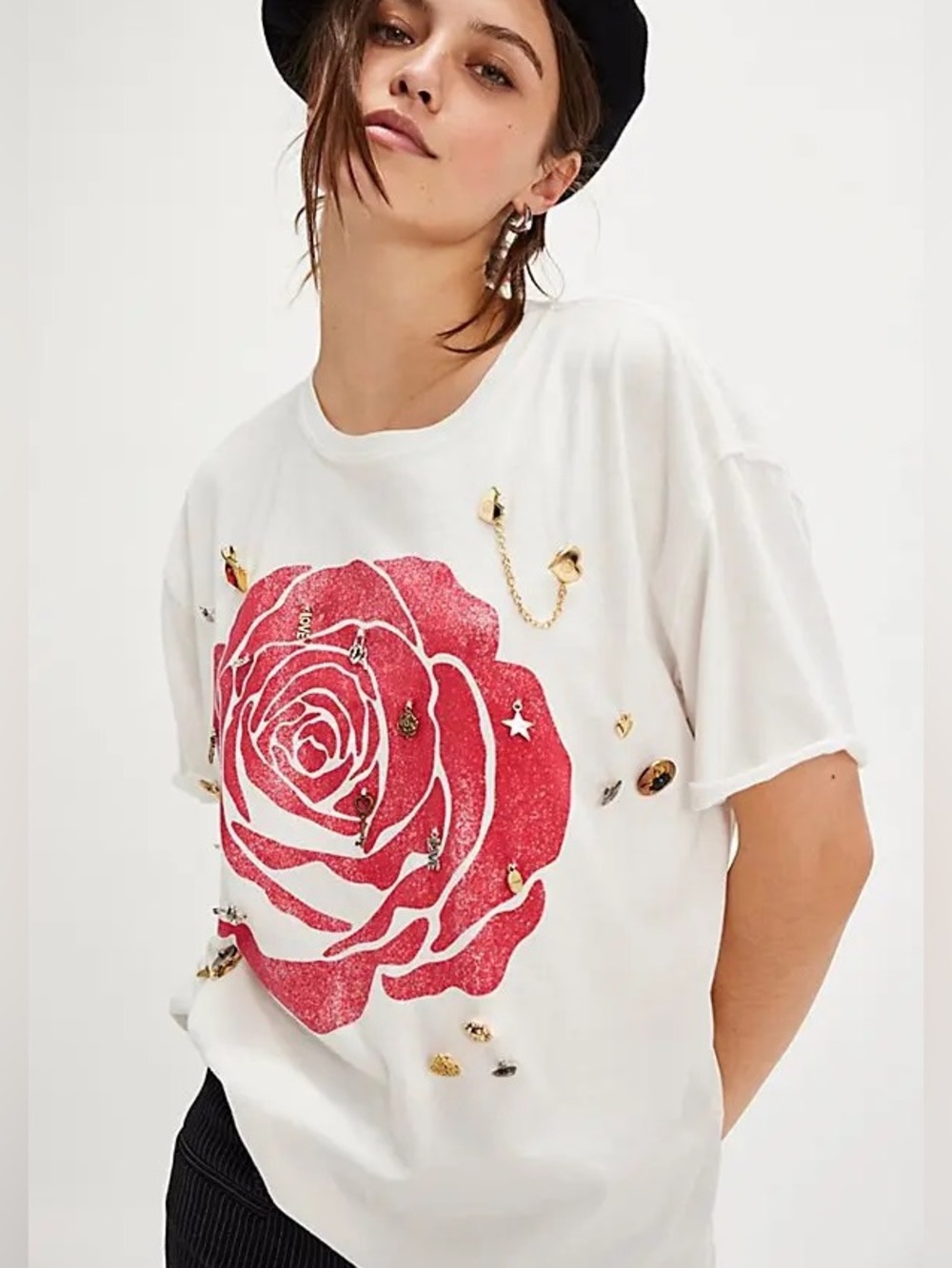 Tricia Fix White Short-Sleeve Tee with Red Rose Graphic and Gold Accents